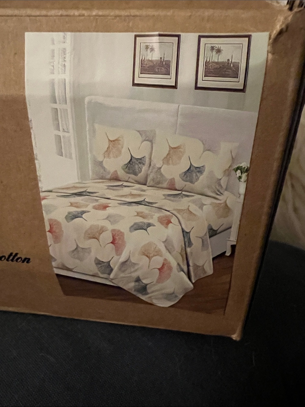 Queen size Floral Leaf Print Cream Cotton Bedding Set - Neutral Tones